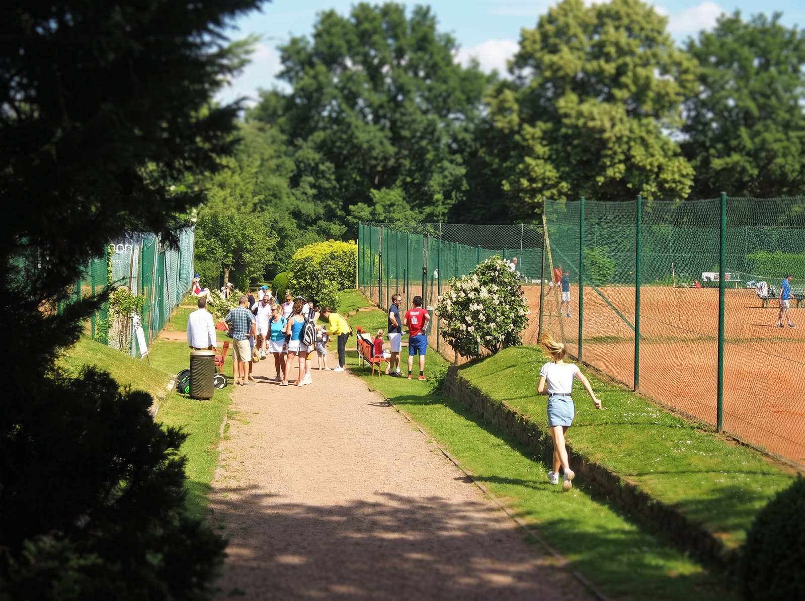 Membres du club le long des courts en terre battue
